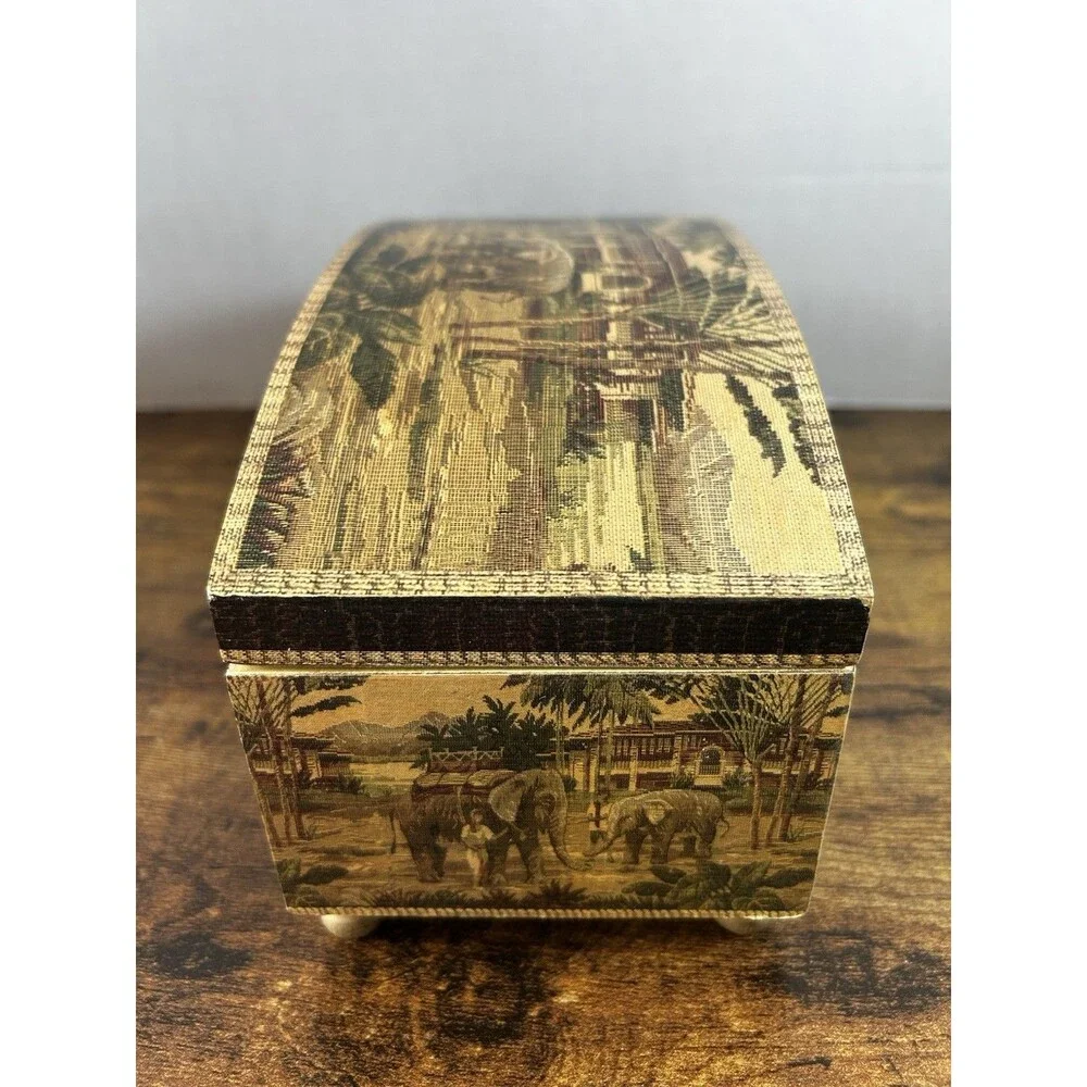 Wood Keepsake Chest Box Jungle Elephant Design Hinge Lid Decorative Storage Case